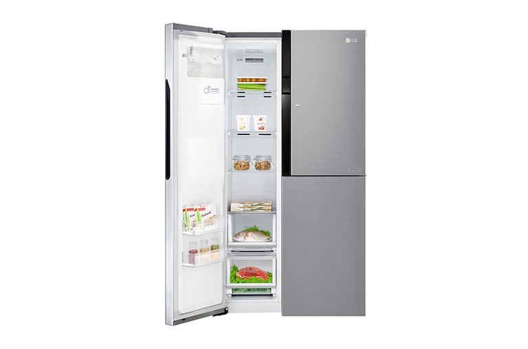 LG Side-by-Side mit Door-in-Door® |  Eis-, Crushed Ice- und Wasserspender  | 606 Liter Kapazität | Energieeffizienzklasse F | Interner Wassertank 4L | Steel | GSJ561PZUZ, GSJ561PZUZ